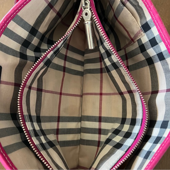 Women’s Burberry Pink Leather Shoulder Baguette Bag Plaid Liner Silver Hardware - Picture 9 of 15